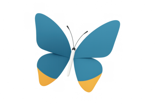 Stylized blue and yellow butterfly spreading vibrant wings, rendered in 3d against transparent backdrop