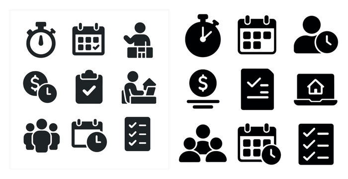 Time management solid icons set – silhouette, scheduling, productivity symbols
