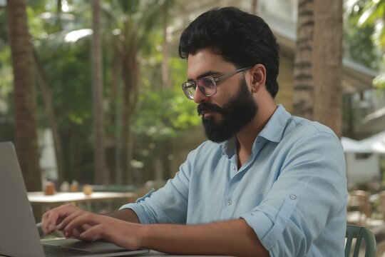 Man working remotely on laptop outdoors in cafe setting with beard and glasses for digital nomad life