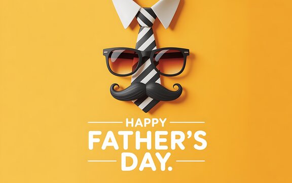 Happy Fathers Day Creative Concept with Tie Mustache and Sunglasses on Vibrant Yellow Background Festive Greeting Card Design