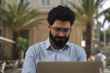 Man working remotely on laptop outdoors in city center for business or freelance job concept use case