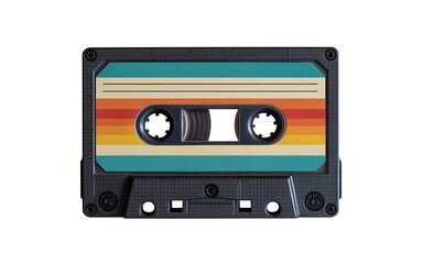 Obraz premium Retro Audio Cassette Tape with Colorful Stripes Nostalgic Music Storage Technology and Vintage Media Isolated on White Background