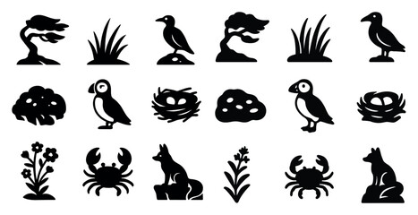 Nature and wildlife silhouette icons set – solid, filled, flora and fauna visuals