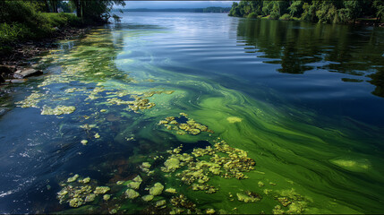 Blue-green algae pollution results from cyanobacteria overgrowth, producing harmful toxins that turn water green, thick, and has a very strong unpleasant smell.