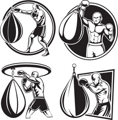 Set of four boxing illustrations featuring different training poses with a speed bag. Perfect for posters, gym tutorials, or sports infographics.