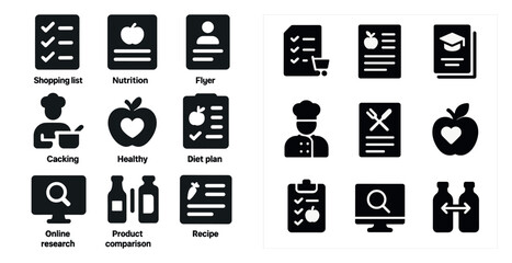 Food and nutrition solid icons set &ndash; healthy, cooking, diet and meal planning symbols