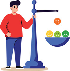 Young man standing next to emotional balance scale with colorful happy and sad faces concept