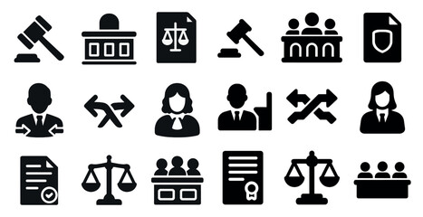 Law and justice solid icons set – silhouette, legal, court and attorney symbols
