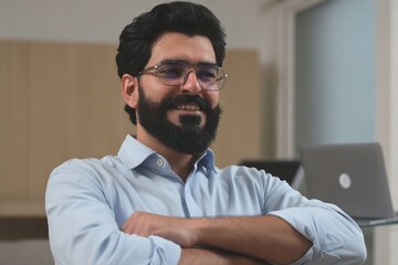 Portrait of confident business man with beard and glasses arms crossed in office workspace background