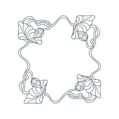 Vintage art nouveau hand drawn monochrome black and white lotus flowers frame vector illustration