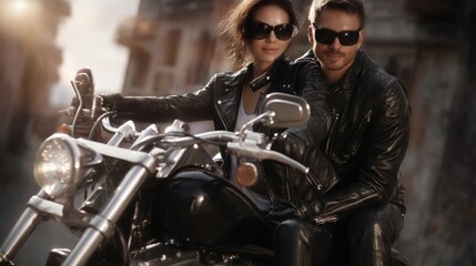 Fototapeta premium Biker couple moment: rider partner, road journey, leather jacket, helmet view, highway romance, chrome detail, shared passion, speed thrill, freedom bond, vehicle shadow, asphalt adventure, unity ride