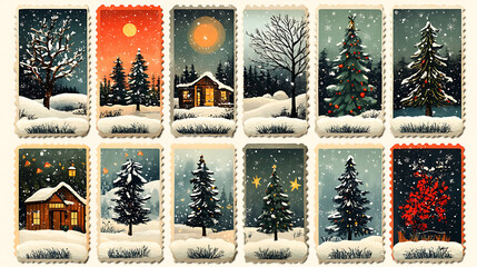 Twelve Days of Christmas Vintage Postage Stamp Set Winter Wonderland Illustrations