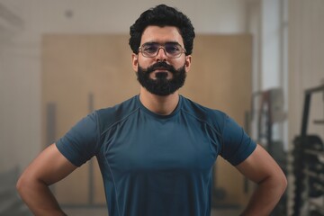 Man with beard in gym fitness workout exercise training strength athlete healthy lifestyle wellness