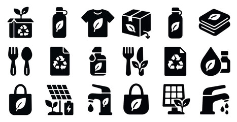 Eco-friendly solid icons set – sustainable, recycling, green environment symbols