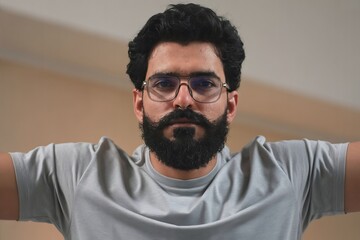 Portrait of man with beard and glasses looking at camera for men's fashion and grooming tips now