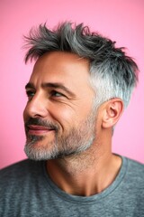 Obraz premium Chic men's crew cut haircut - midlife white man with grey hair. Artwork of style for aging men. Pink solid background. A classic and stylish male with a natural smile.