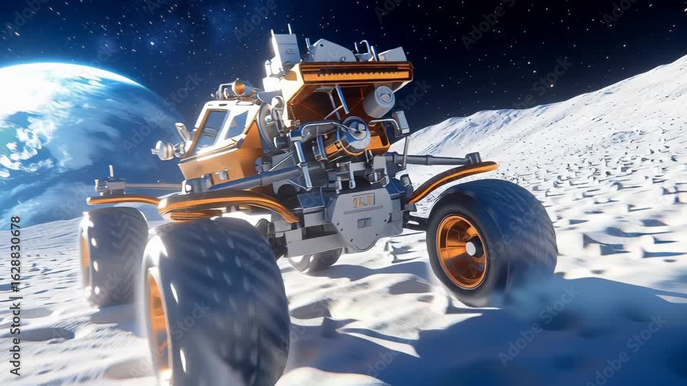 Poster advanced lunar exploration vehicle traversing rocky moon terrain with earth visible in starry backgr