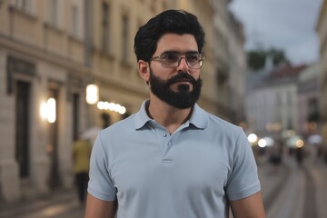 Portrait of handsome bearded man in glasses wearing polo shirt on city street lifestyle fashion photography