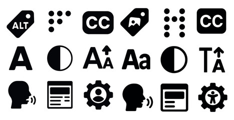 Accessibility and communication solid icons set – filled, assistive tech symbols
