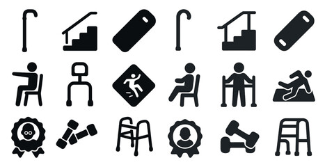 Mobility and accessibility silhouette icons set – flat, filled, support and assist tools