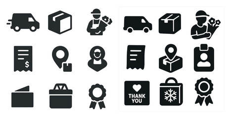 Delivery service solid icons set – package, courier and shipping symbols