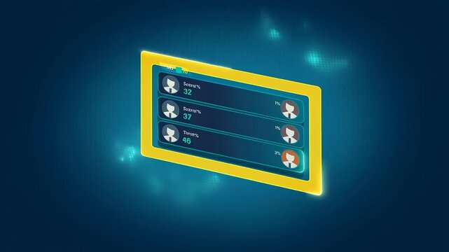 Flat isometric UI leaderboard panel animates in: three avatars with ranks and points slide into place, small particle motion around top scorer, glowing frame appears on winner&rsquo;s card