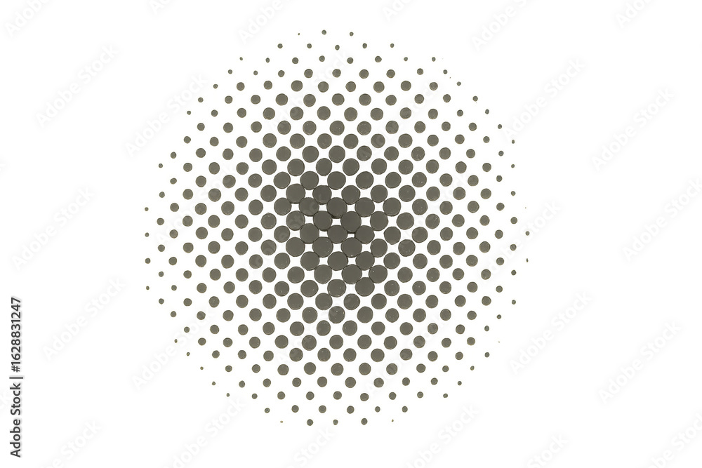 Poster expanding circular halftone pattern creates an illusion of a radiating sphere on a transparent backg