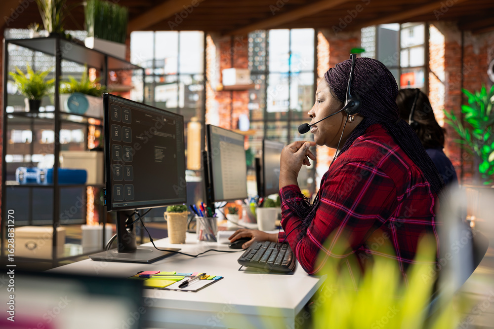 Poster call center agent at office desk using ai to enhance customer interaction and resolve inquiries effi