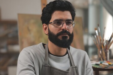 Portrait of artist with beard and glasses in art studio painting canvas with brushes and easel setup