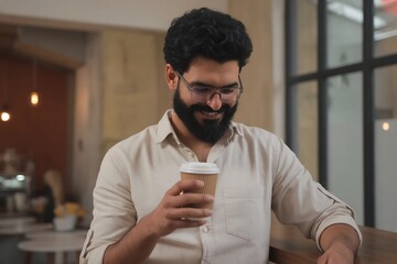 Man enjoying coffee break in cafe with beard and glasses, lifestyle and relaxation, coffee time moment