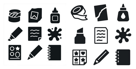Fototapeta premium Office supplies silhouette icons set – solid, filled, stationery and desk tools