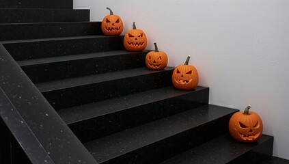 Halloween Pumpkins on Black Stairs