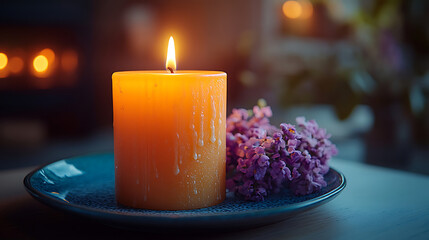 Illuminated Ambiance Lit Candle with Lilac Blossoms