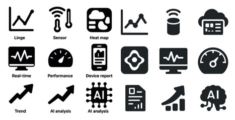 Data analysis solid icons set &ndash; filled, technology, ai analytics symbols