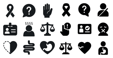 Charity and awareness icons set – solid, silhouette, nonprofit and aid symbols