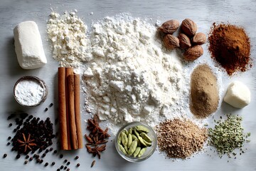 Spices and Flour Arranged for Festive Cooking  
