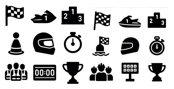 Racing and motorsport solid icons set – filled, silhouette, competition symbols