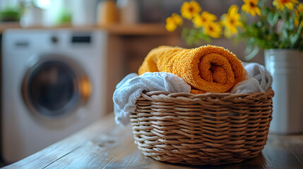 Freshly Washed Towels in a Wicker Basket with Laundry Room Background