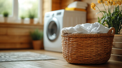 Laundry Basket with Clean Towels in Rustic Wooden Laundry Room