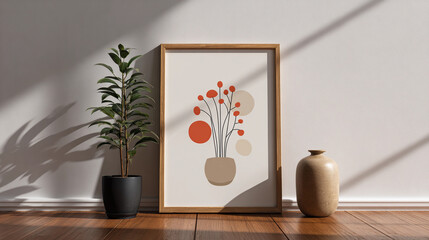 Minimalist home decor featuring an abstract floral print, potted plant, and vase against a sunlit wall, creating a peaceful ambiance.