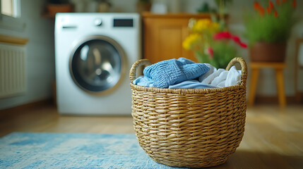 Laundry Basket with Clean Clothes Near Washing Machine in Cozy Home Setting