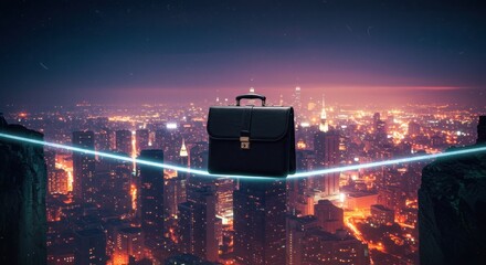 Naklejka na ściany i meble Business briefcase on a wire over city