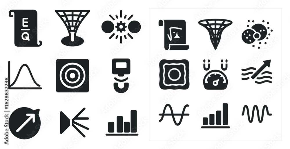 Poster data analysis solid icons set – filled, charts and statistics symbols for reports
