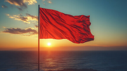 Red Flag at Sunset Over Ocean Symbol of Warning, Danger, or Protest