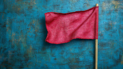 Red Warning Flag on Rustic Blue Background