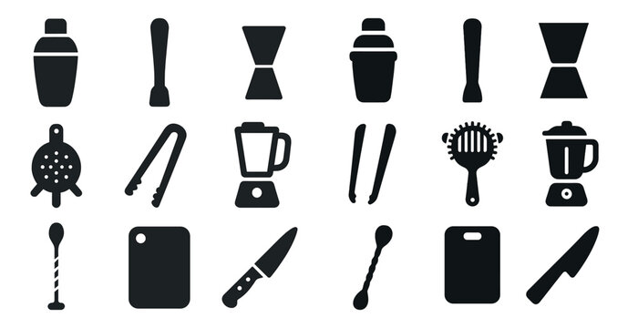 Bar tools solid icons set – filled, mixer, bartending essentials collection