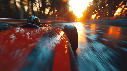 Red Vintage Race Car Speeding Through Wet Track at Sunset
