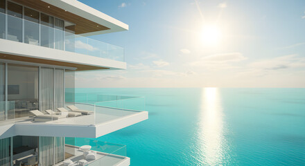 Fototapeta premium Luxury oceanfront villa architecture design with balcony sea view and modern home exterior architecture