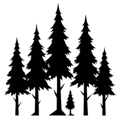 Pack of six pine tree silhouettes mimicking alpine forests isolated on white background silhouette