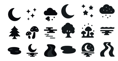 Naklejka premium Nature and night silhouette icons set – moon, stars, tree, and cloud symbols